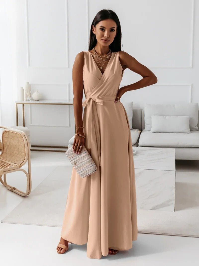 Crowned Energy CO. Khaki / L Goddess Vibes Dresses V-neck Sleeveless Dress With Belt Summer Fashion Party Club Evening Maxi Dresses For Women Clothing