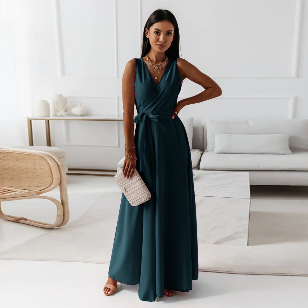 Crowned Energy CO. Blue / L Goddess Vibes Dresses V-neck Sleeveless Dress With Belt Summer Fashion Party Club Evening Maxi Dresses For Women Clothing