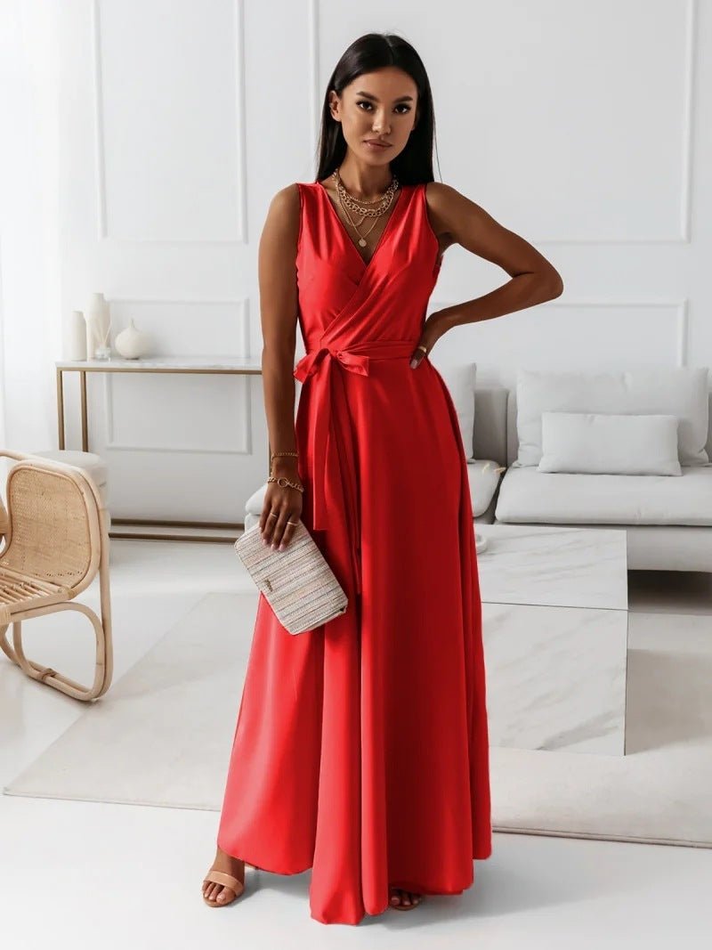 Crowned Energy CO. Red / L Goddess Vibes Dresses V-neck Sleeveless Dress With Belt Summer Fashion Party Club Evening Maxi Dresses For Women Clothing
