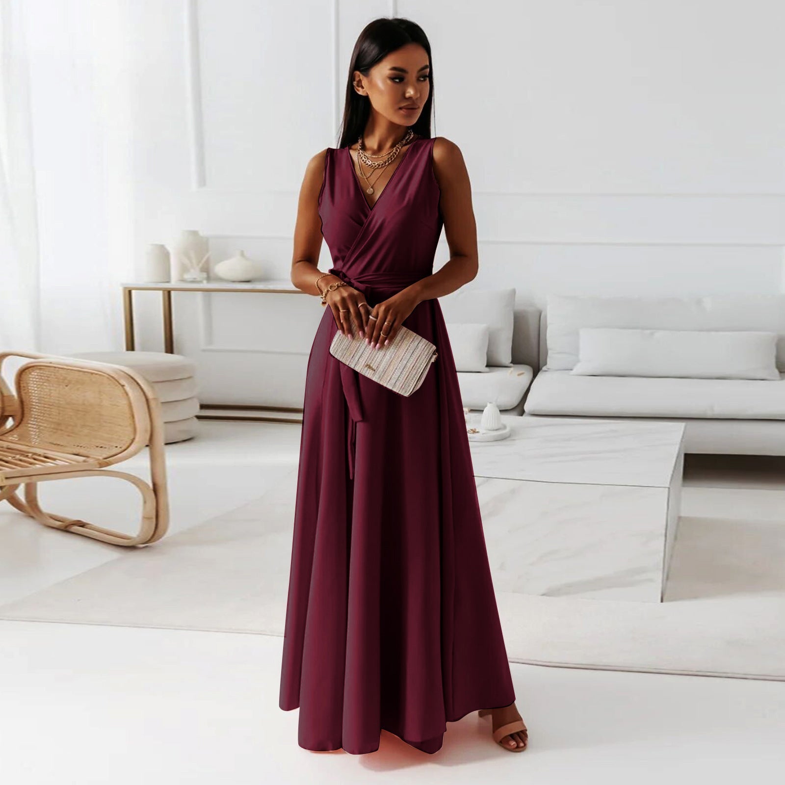 Crowned Energy CO. Wine Red / L Goddess Vibes Dresses V-neck Sleeveless Dress With Belt Summer Fashion Party Club Evening Maxi Dresses For Women Clothing