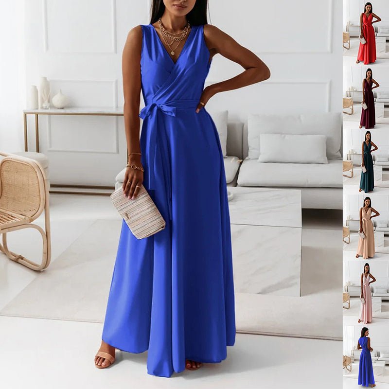 Crowned Energy CO. Blue / L Goddess Vibes Dresses V-neck Sleeveless Dress With Belt Summer Fashion Party Club Evening Maxi Dresses For Women Clothing