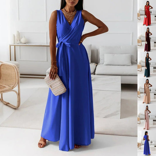 Crowned Energy CO. Blue / L Goddess Vibes Dresses V-neck Sleeveless Dress With Belt Summer Fashion Party Club Evening Maxi Dresses For Women Clothing
