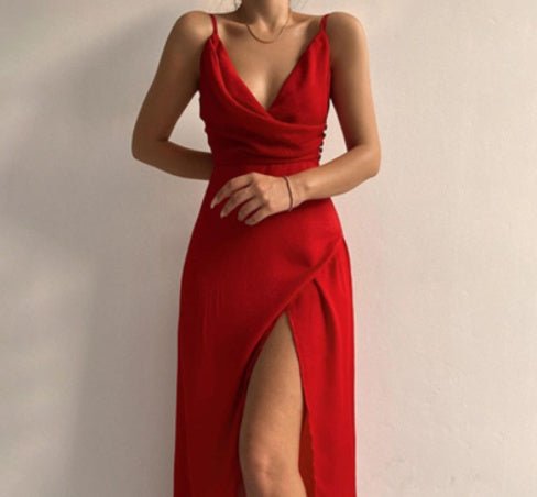 Crowned Energy CO. Red / 2XL Goddess Vibes Dresses V-neck Slit Sling Dress Summer Fashion Sexy Slim Suspender Dresses For Women Clothing