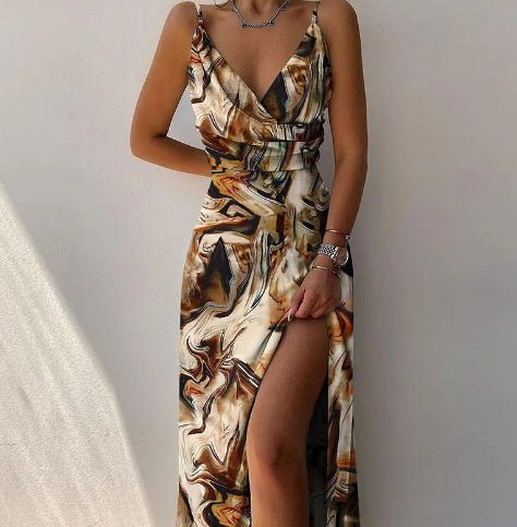 Crowned Energy CO. Brown print / 2XL Goddess Vibes Dresses V-neck Slit Sling Dress Summer Fashion Sexy Slim Suspender Dresses For Women Clothing