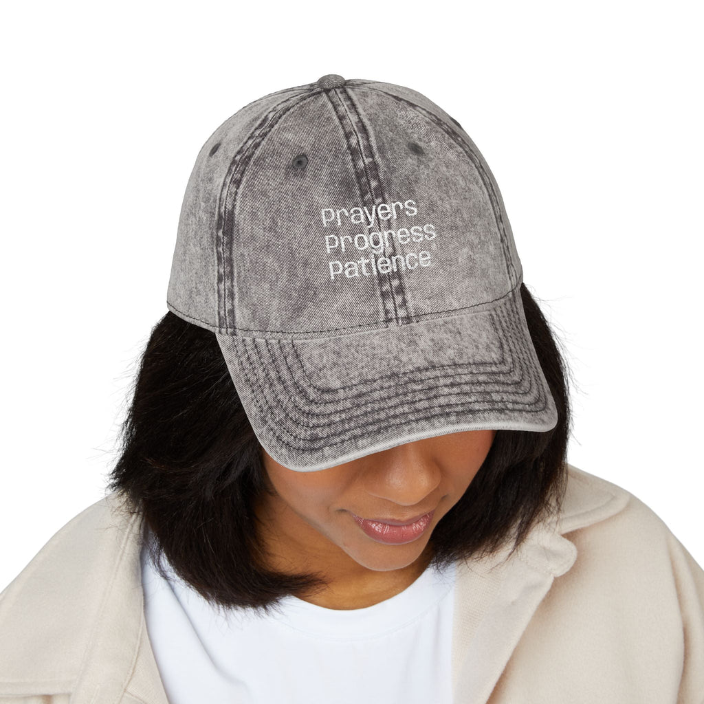 Vintage Embroidered Cap — "Prayers Progress Patience" Distressed Red Dad Hat - Crowned Energy CO.