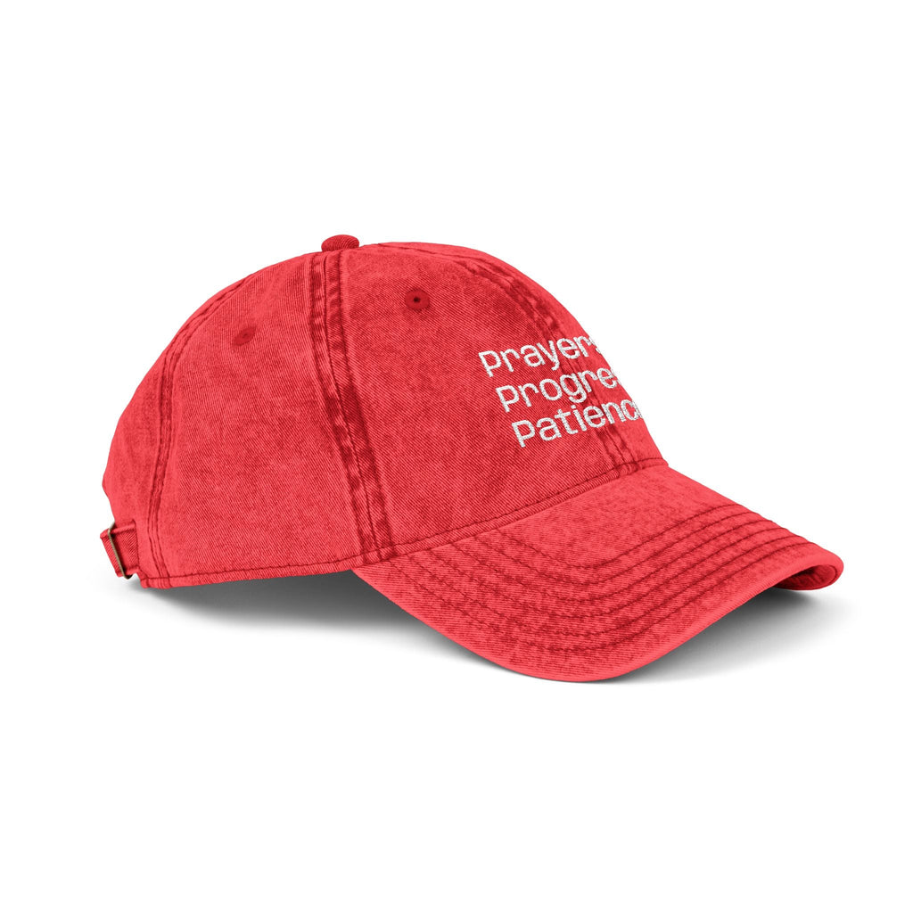 Vintage Embroidered Cap — "Prayers Progress Patience" Distressed Red Dad Hat - Crowned Energy CO.