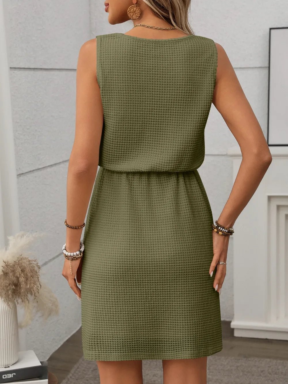 Crowned Energy CO. Cream / S Trendsi Dresses Waffle-Knit Drawstring Mini Tank Dress