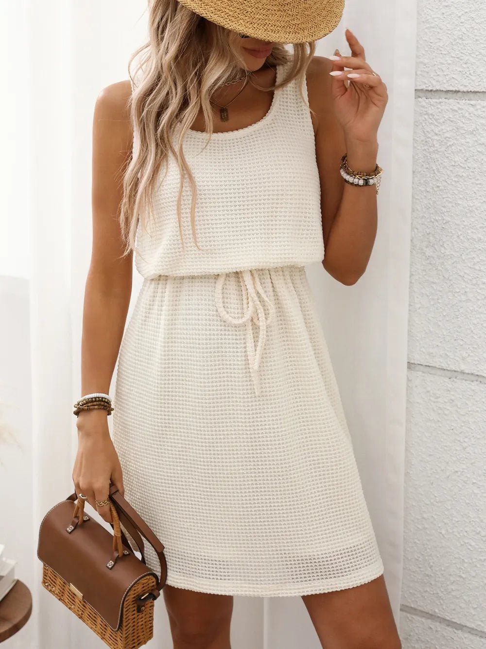 Crowned Energy CO. Cream / S Trendsi Dresses Waffle-Knit Drawstring Mini Tank Dress