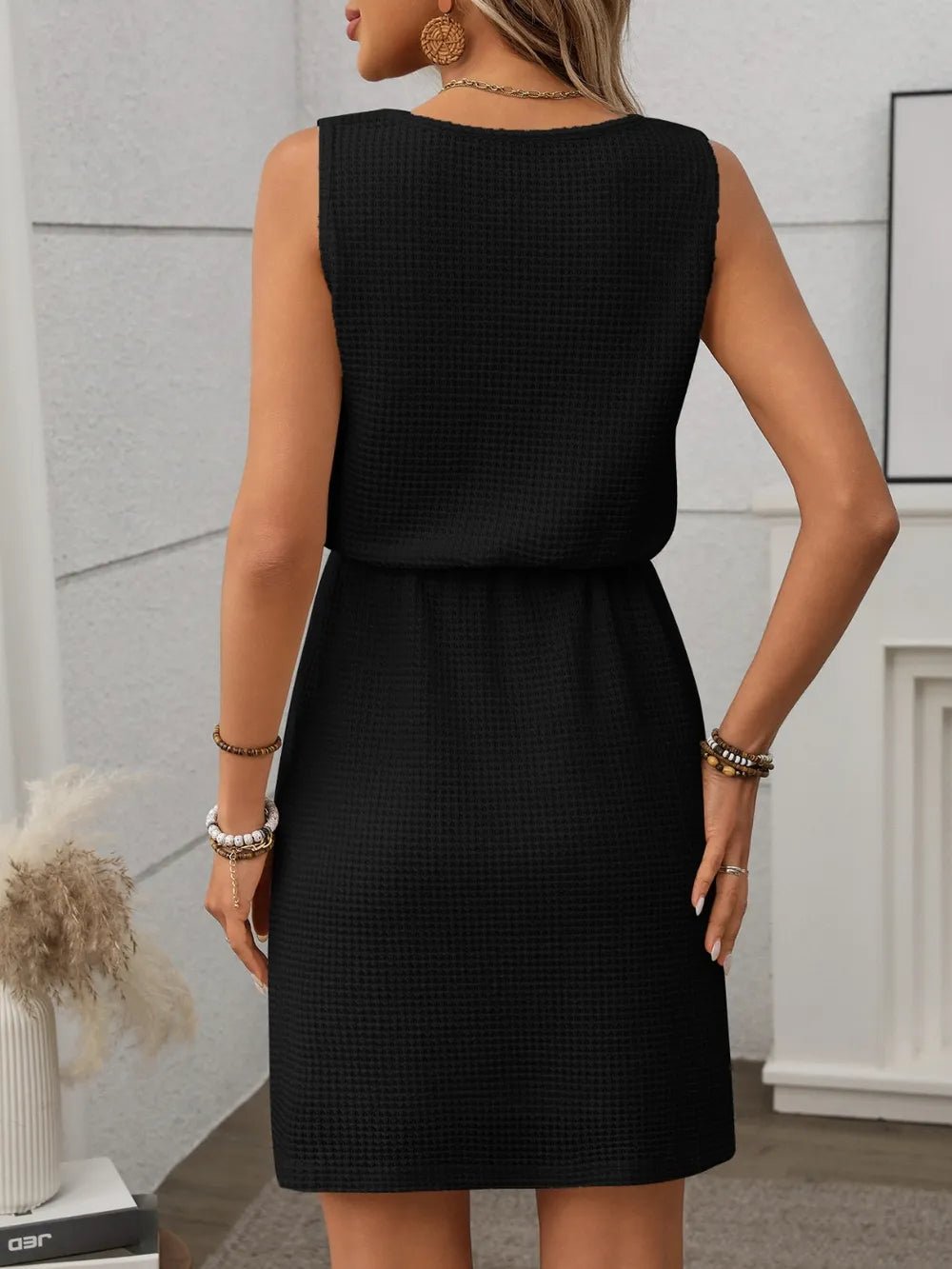 Crowned Energy CO. Cream / S Trendsi Dresses Waffle-Knit Drawstring Mini Tank Dress