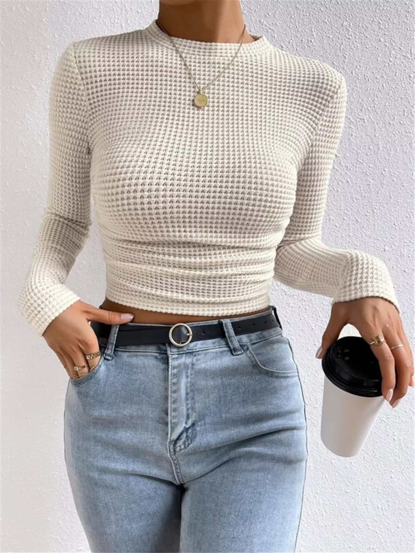Crowned Energy CO. Beige / S Trendsi Shirt Waffle Knit Long Sleeve T-Shirt
