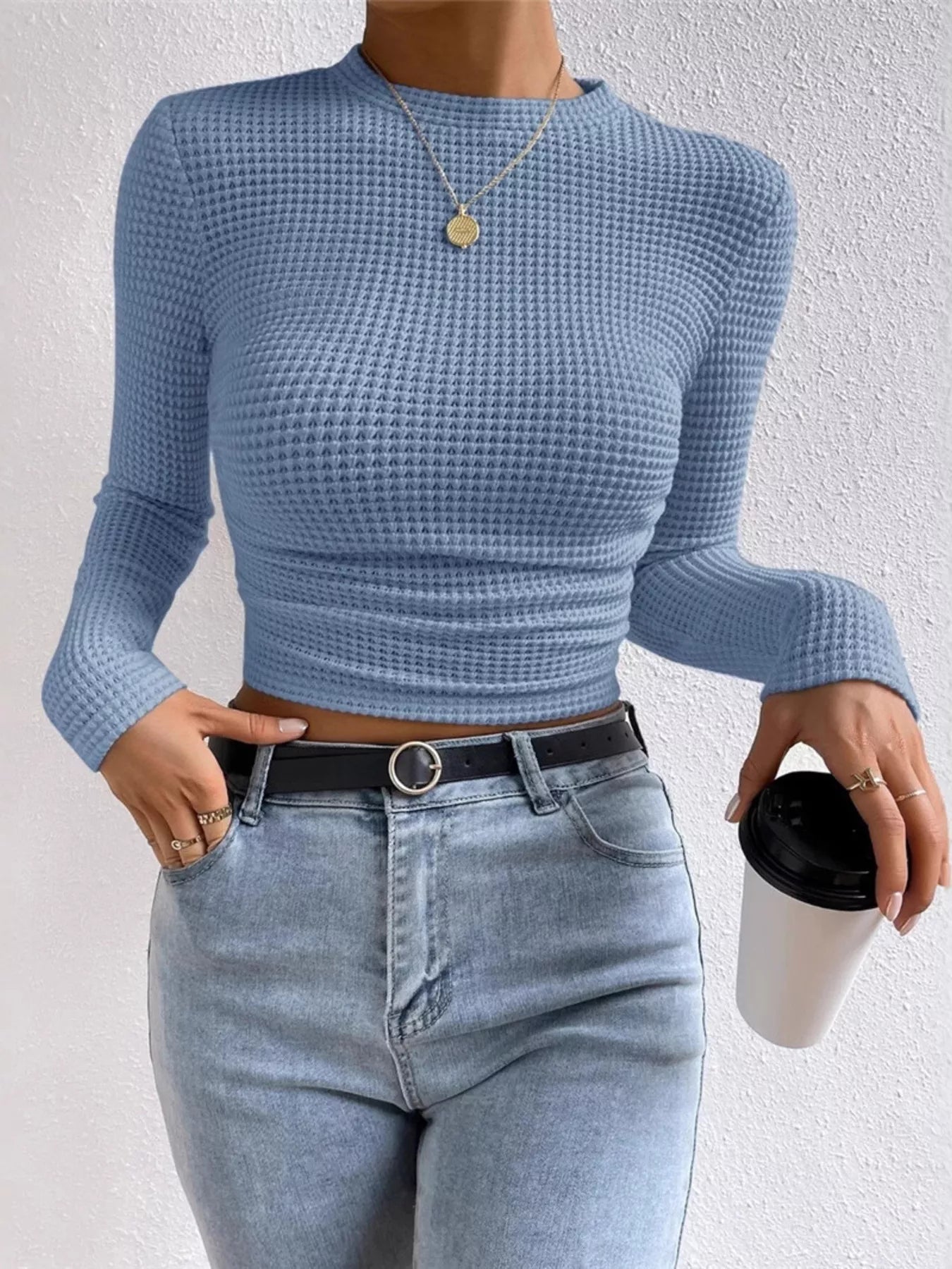 Crowned Energy CO. Beige / S Trendsi Shirt Waffle Knit Long Sleeve T-Shirt