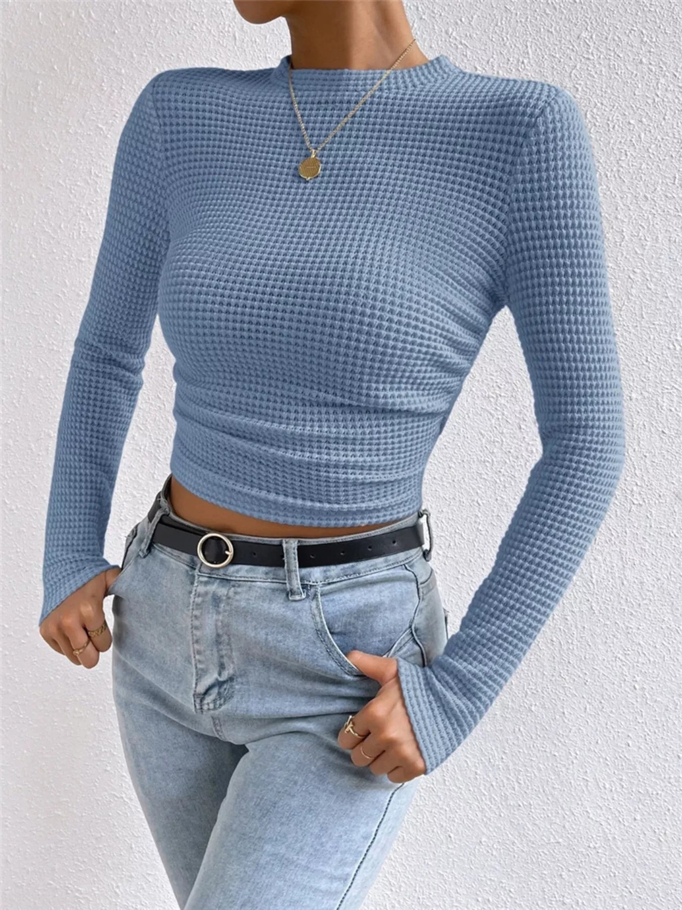 Crowned Energy CO. Beige / S Trendsi Shirt Waffle Knit Long Sleeve T-Shirt