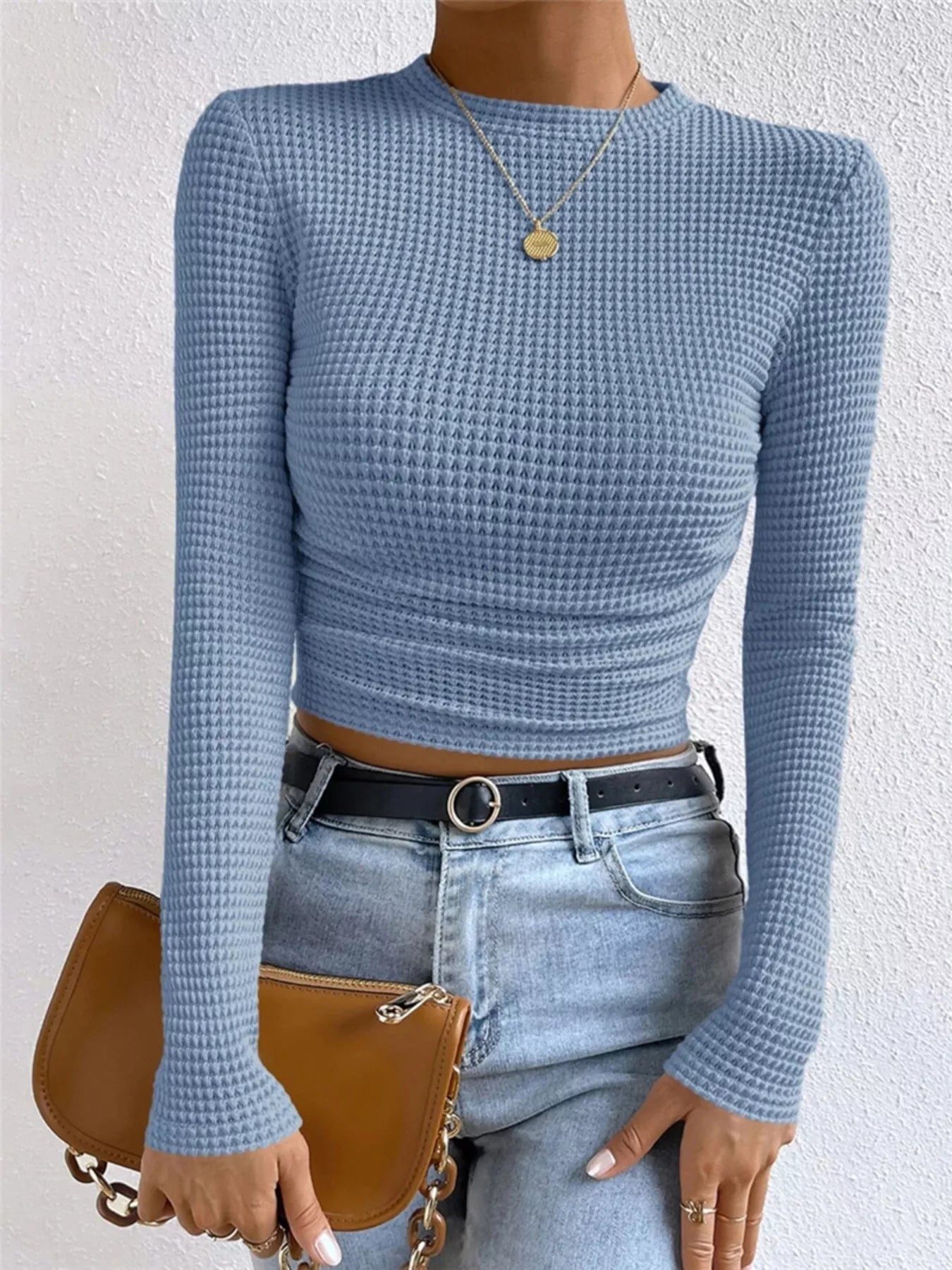 Crowned Energy CO. Light Blue / S Trendsi Shirt Waffle Knit Long Sleeve T-Shirt