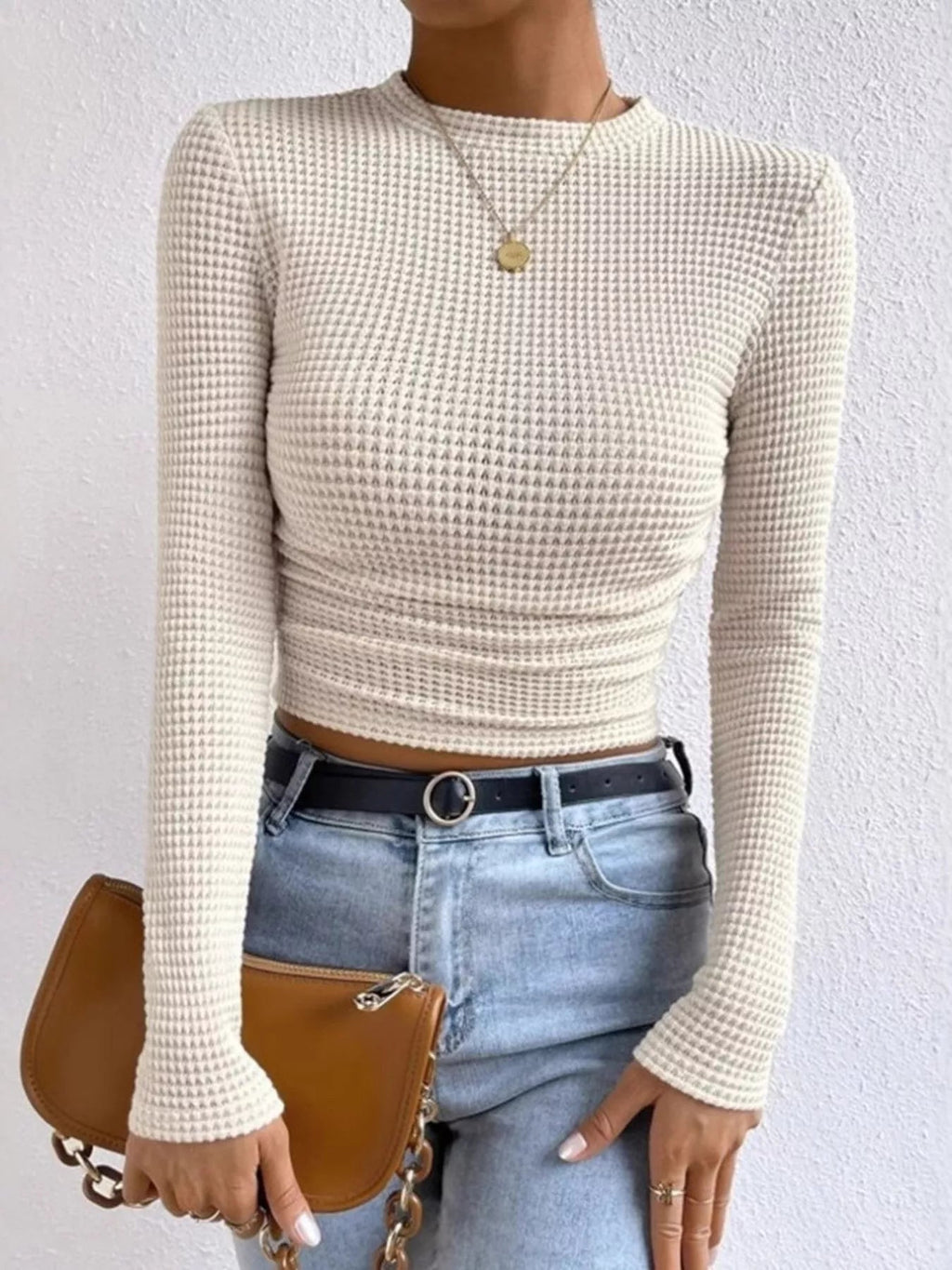 Crowned Energy CO. Beige / S Trendsi Shirt Waffle Knit Long Sleeve T-Shirt