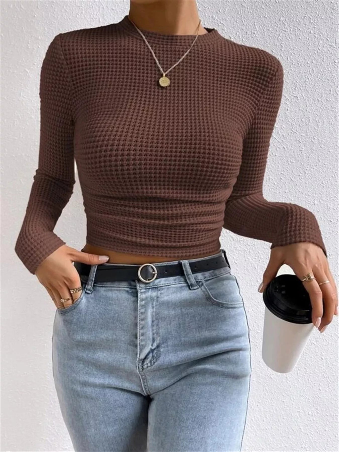 Crowned Energy CO. Beige / S Trendsi Shirt Waffle Knit Long Sleeve T-Shirt