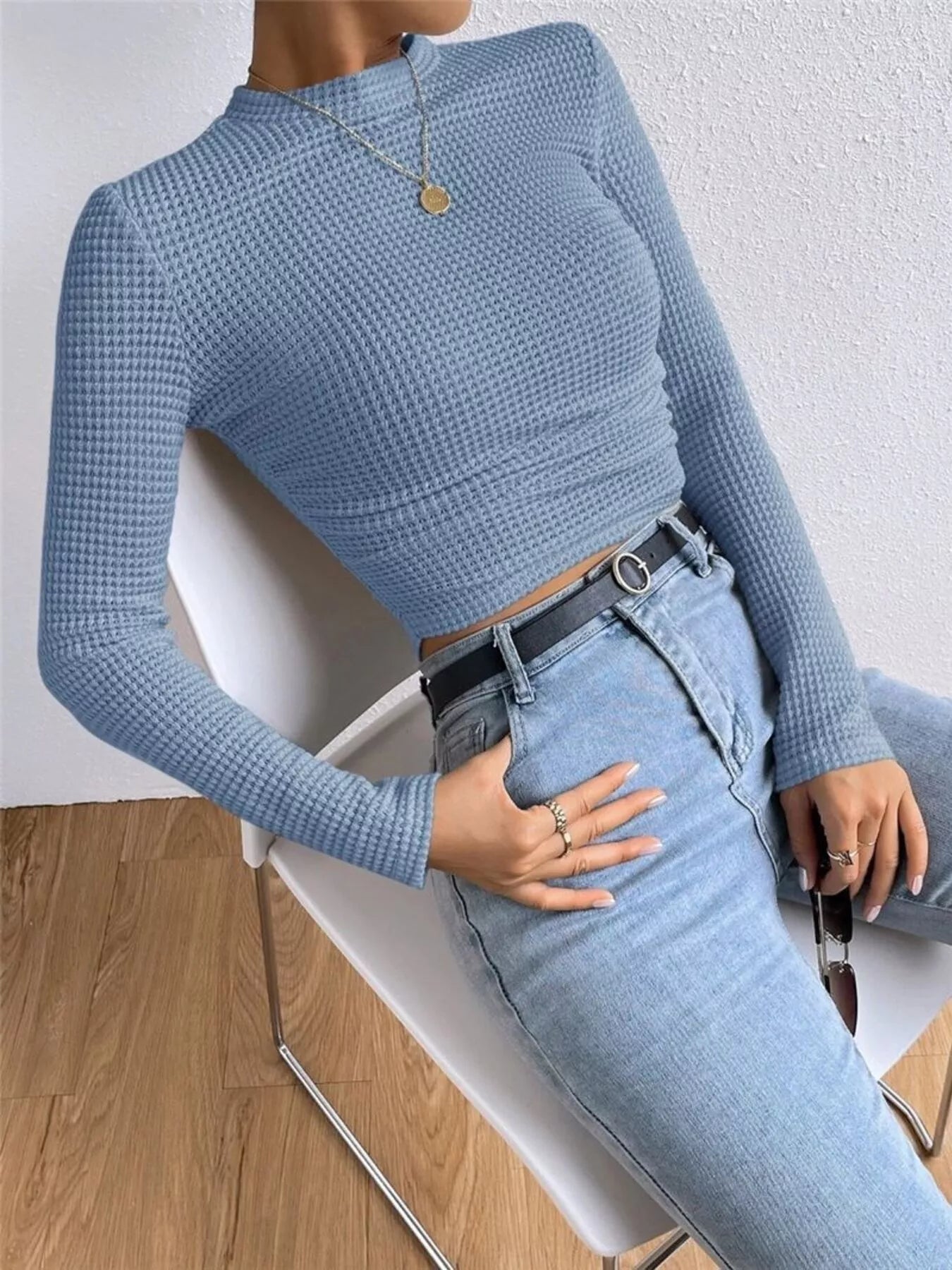 Crowned Energy CO. Beige / S Trendsi Shirt Waffle Knit Long Sleeve T-Shirt