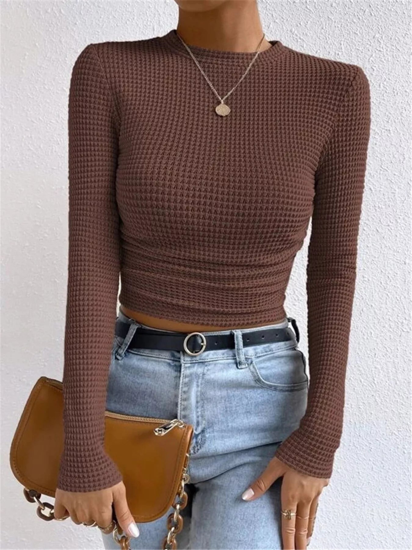 Crowned Energy CO. Beige / S Trendsi Shirt Waffle Knit Long Sleeve T-Shirt