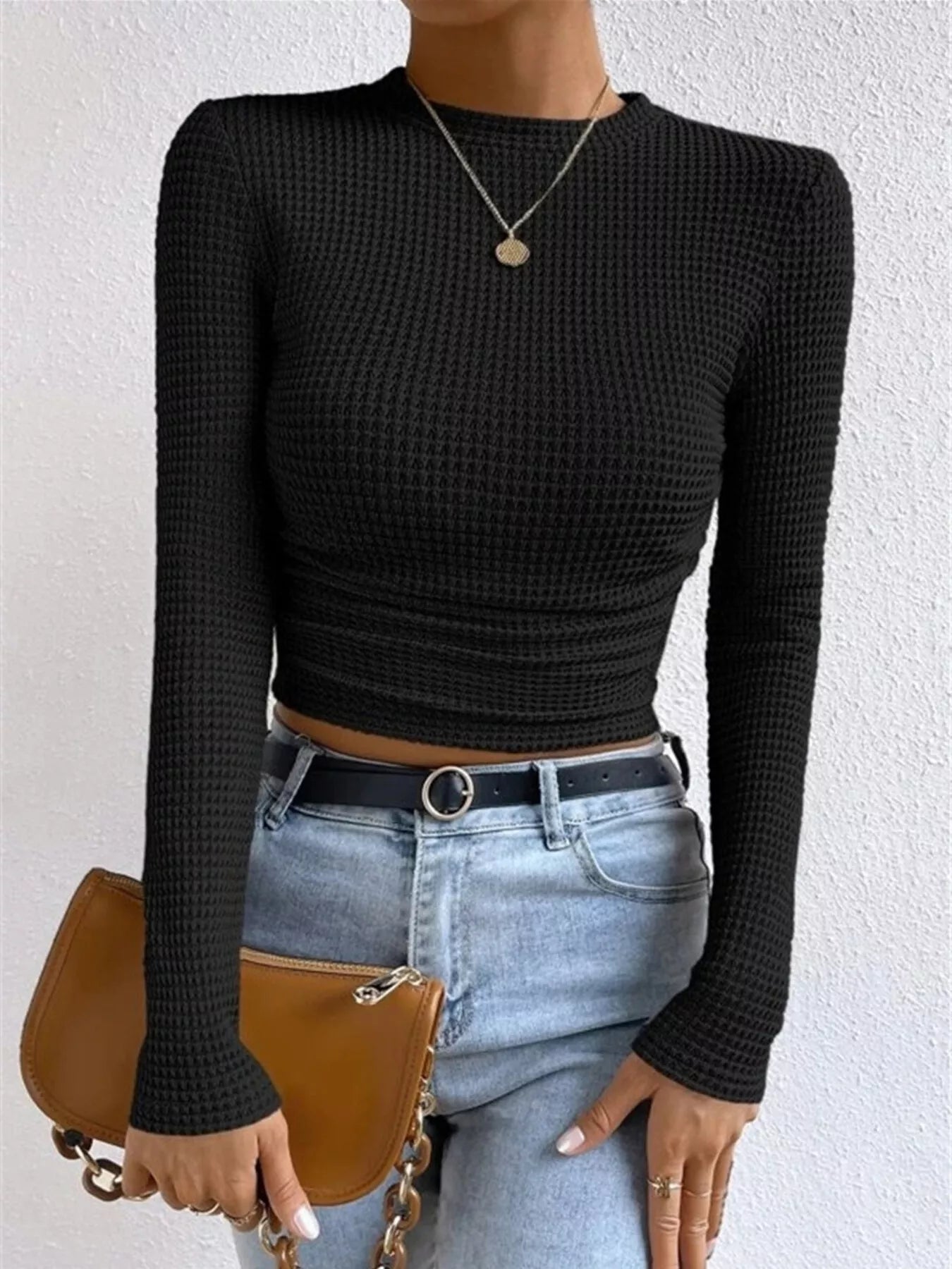Crowned Energy CO. Black / S Trendsi Shirt Waffle Knit Long Sleeve T-Shirt