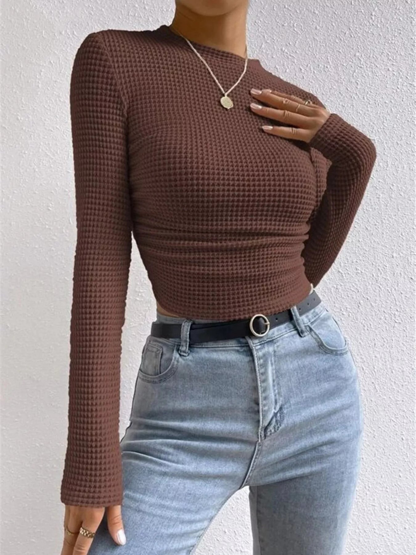 Crowned Energy CO. Brown / S Trendsi Shirt Waffle Knit Long Sleeve T-Shirt