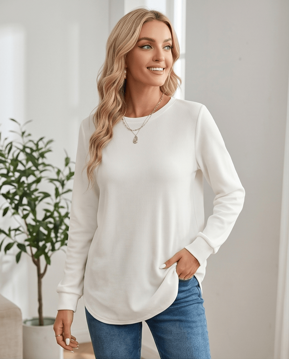 Waffle Knit Long Sleeve Top with Rounded Hem - Crowned Energy CO.