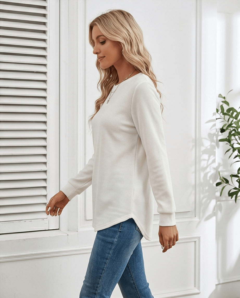 Waffle Knit Long Sleeve Top with Rounded Hem - Crowned Energy CO.