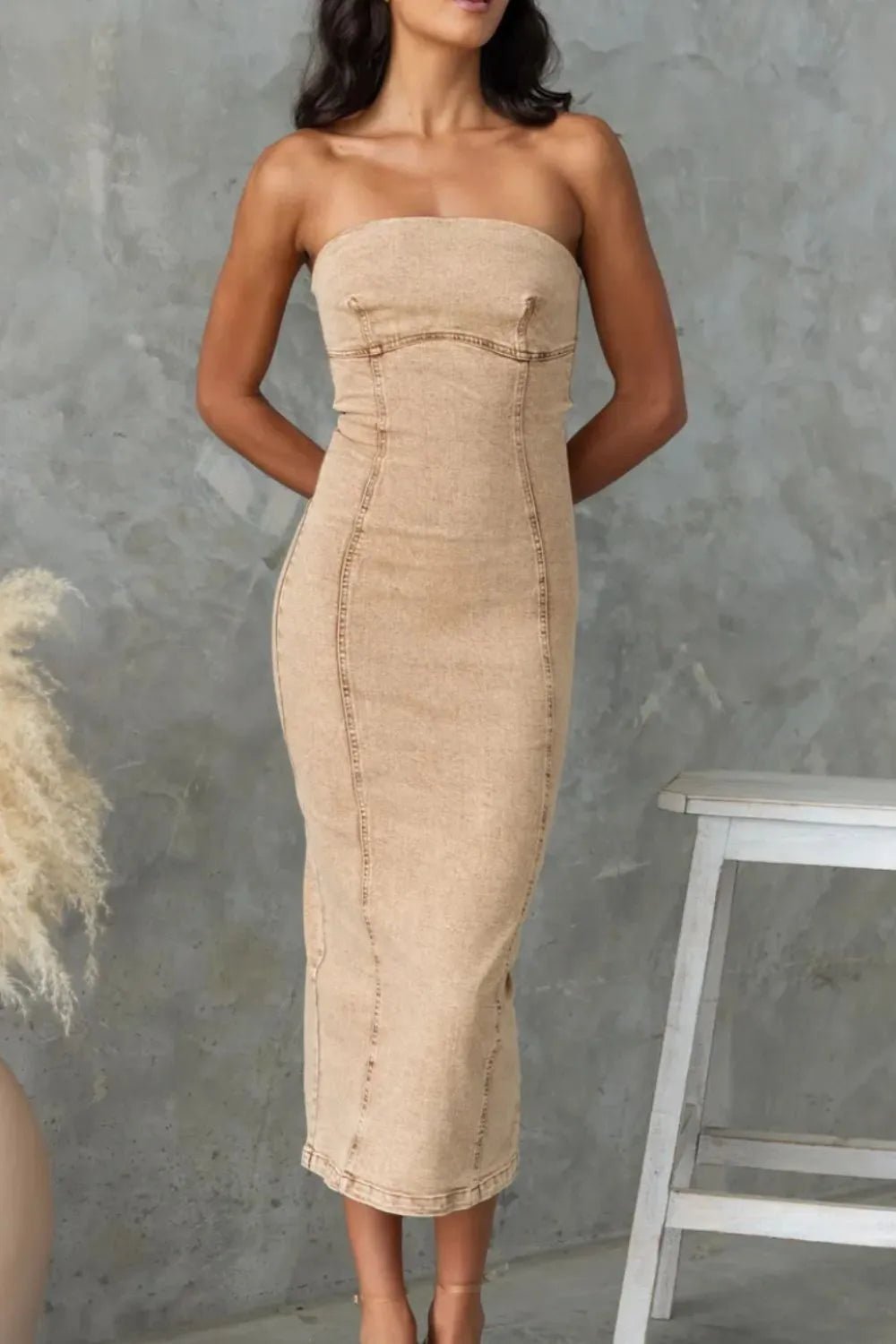 Washed Slit Back Tube Denim Dress - Crowned Energy CO.