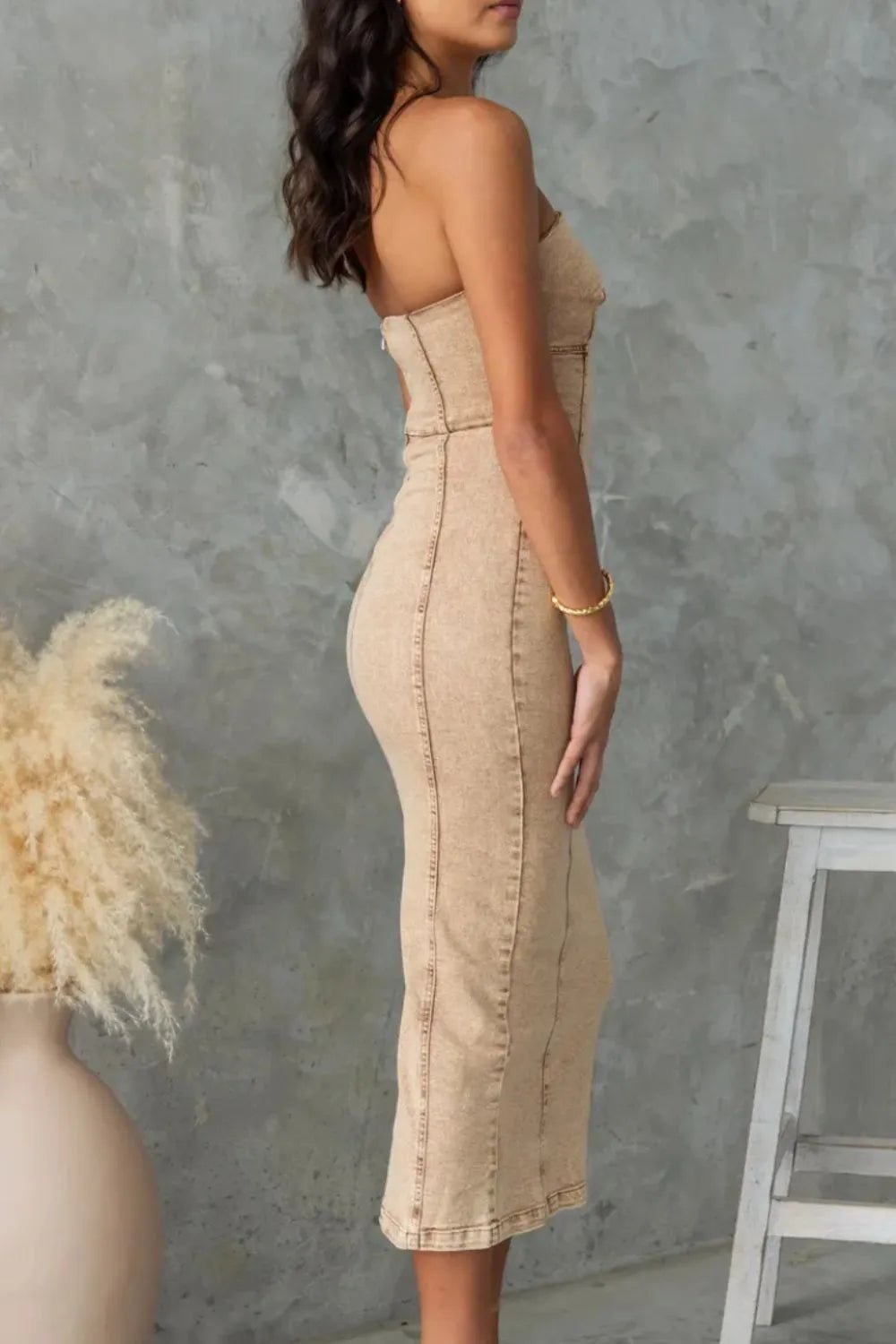 Washed Slit Back Tube Denim Dress - Crowned Energy CO.