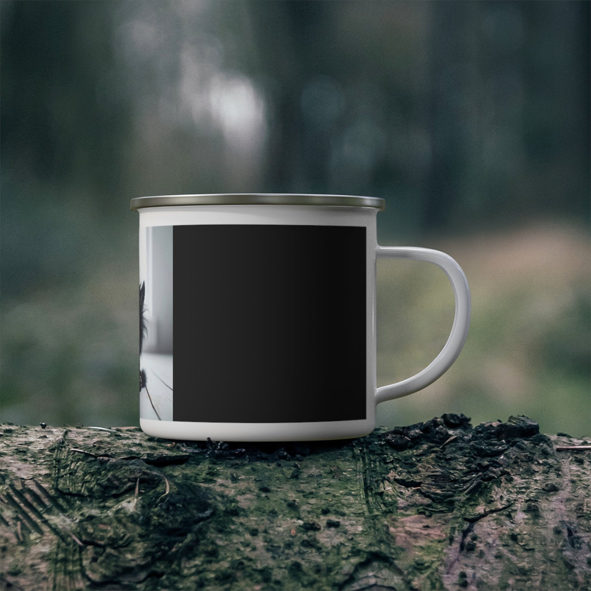 Crowned Energy CO. 12oz Printify Mug Adorable Cat Camping Mug – Enamel Coffee Cup for Pet Lovers & Nature Fans