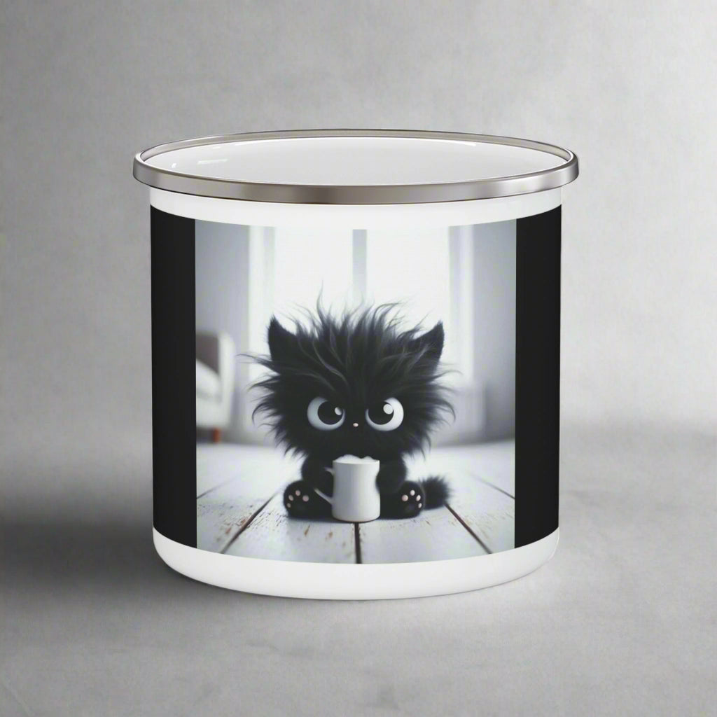 Crowned Energy CO. 12oz Printify Mug Adorable Cat Camping Mug – Enamel Coffee Cup for Pet Lovers & Nature Fans