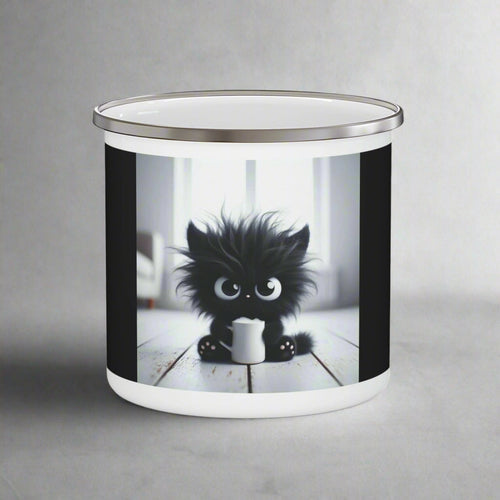 Crowned Energy CO. 12oz Printify Mug Adorable Cat Camping Mug – Enamel Coffee Cup for Pet Lovers & Nature Fans