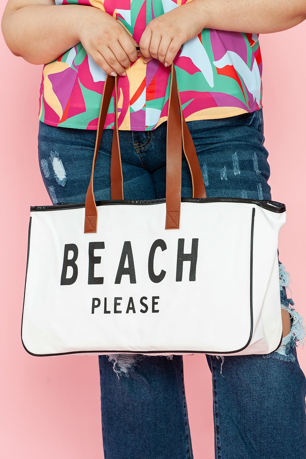 White BEACH PLEASE Print Large Canvas Tote Bag - Crowned Energy CO.