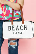 White BEACH PLEASE Print Large Canvas Tote Bag - Crowned Energy CO.