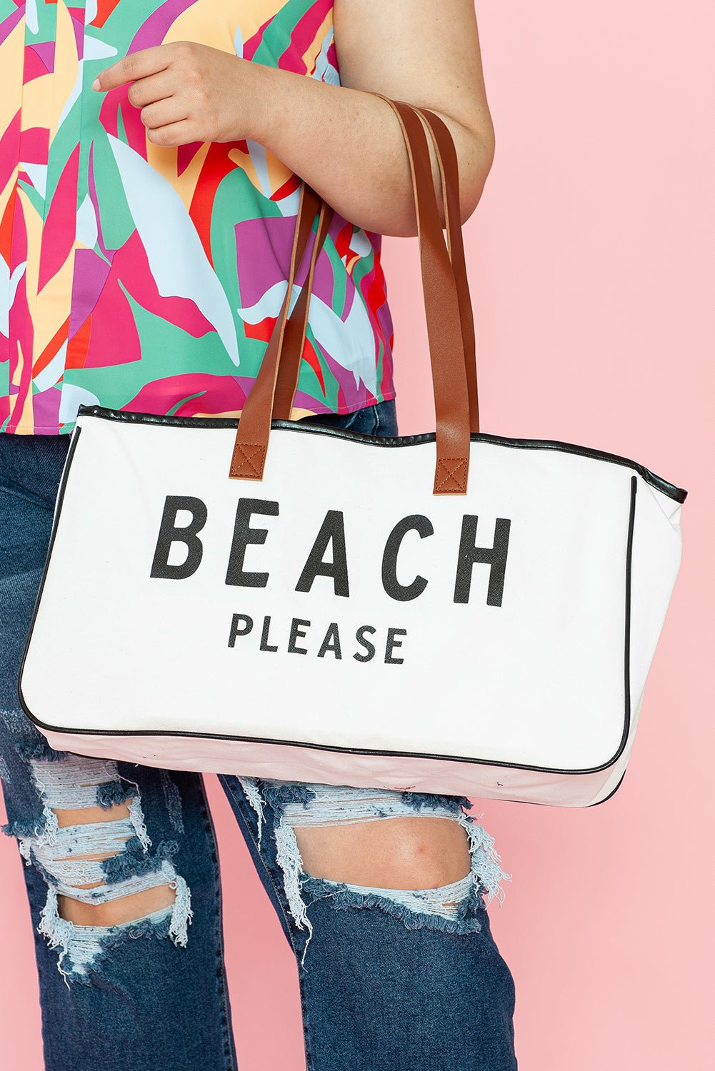 White BEACH PLEASE Print Large Canvas Tote Bag - Crowned Energy CO.
