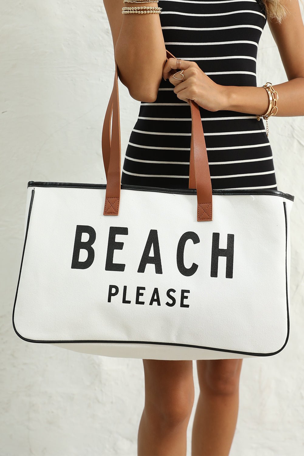 White BEACH PLEASE Print Large Canvas Tote Bag - Crowned Energy CO.