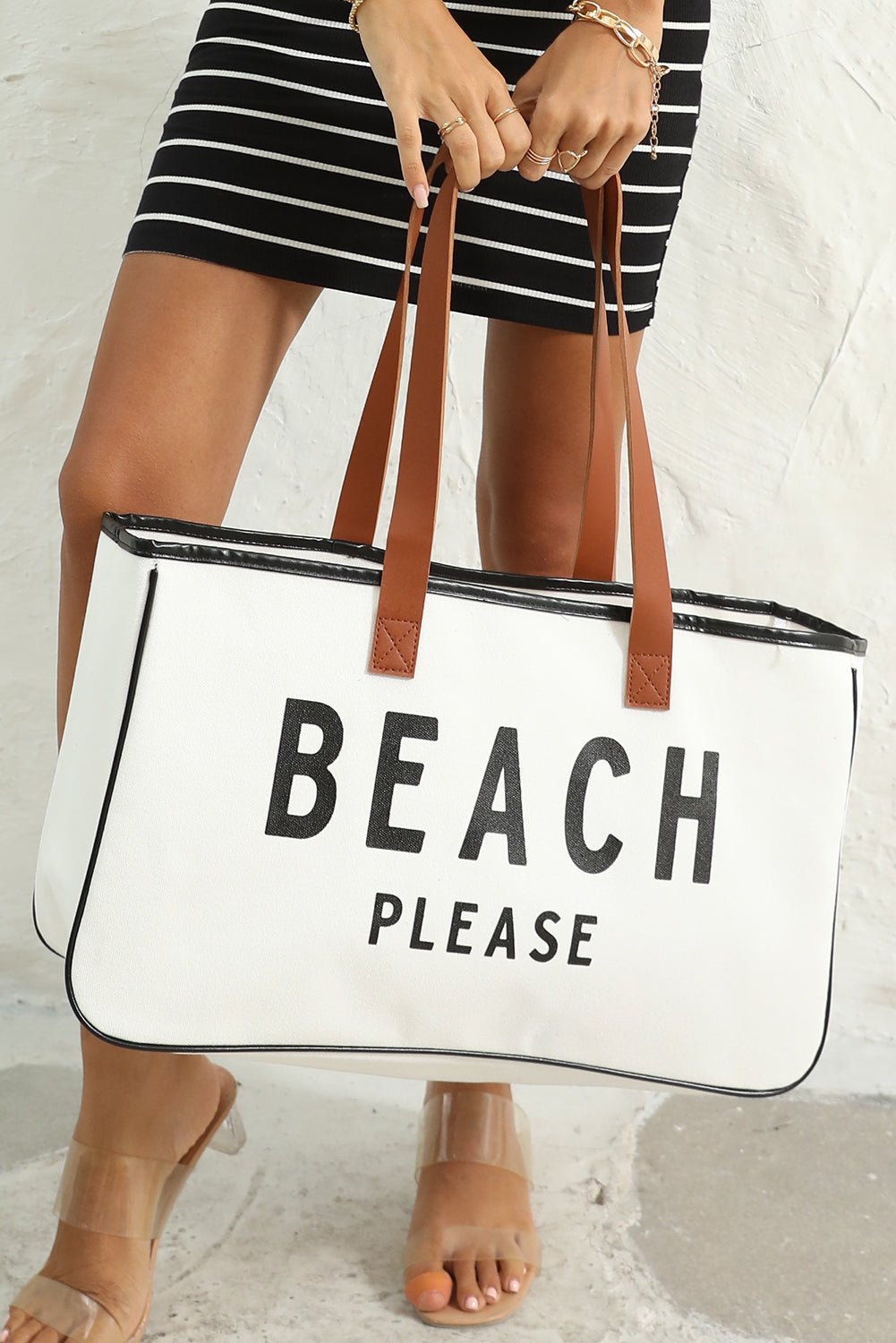 White BEACH PLEASE Print Large Canvas Tote Bag - Crowned Energy CO.