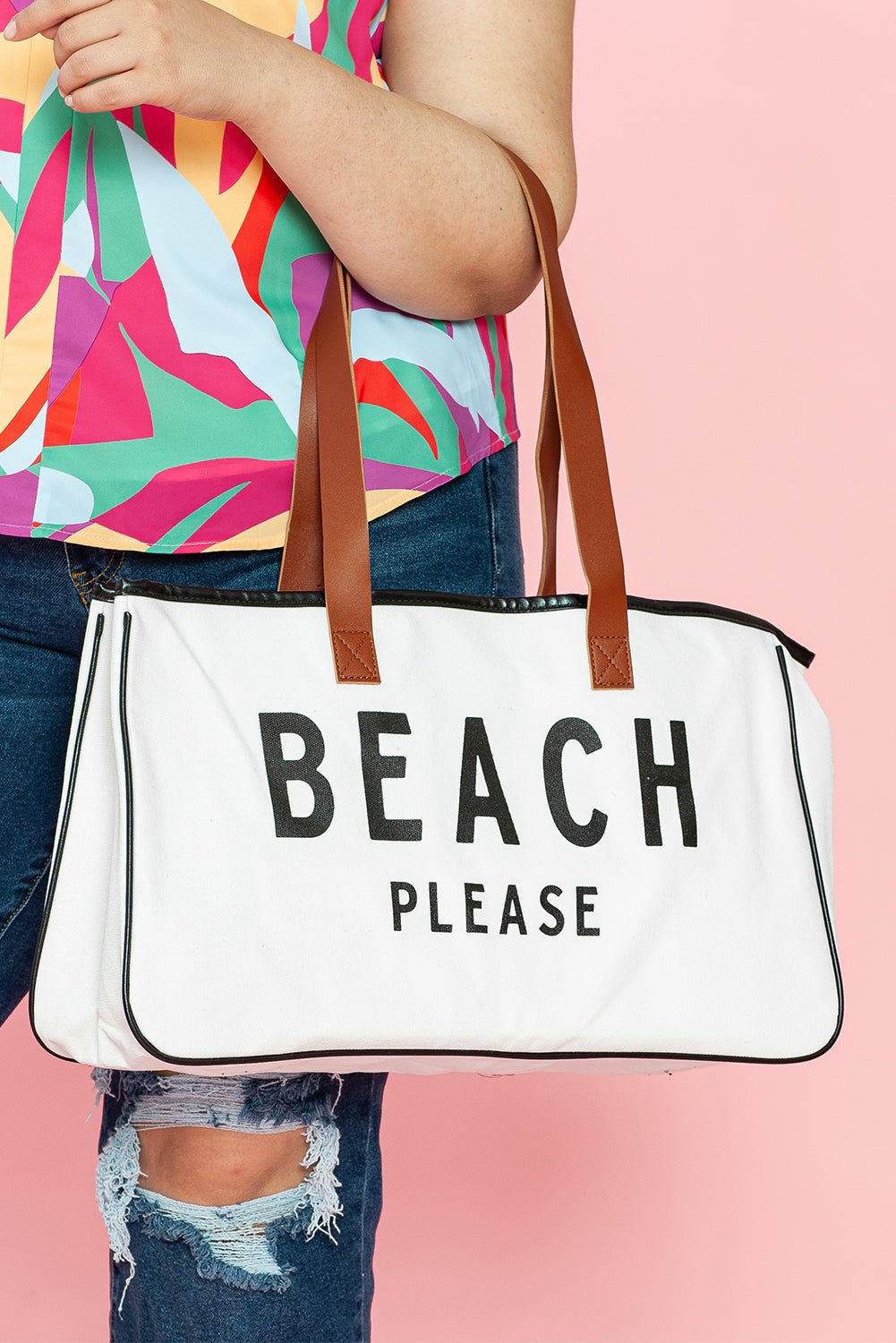 White BEACH PLEASE Print Large Canvas Tote Bag - Crowned Energy CO.