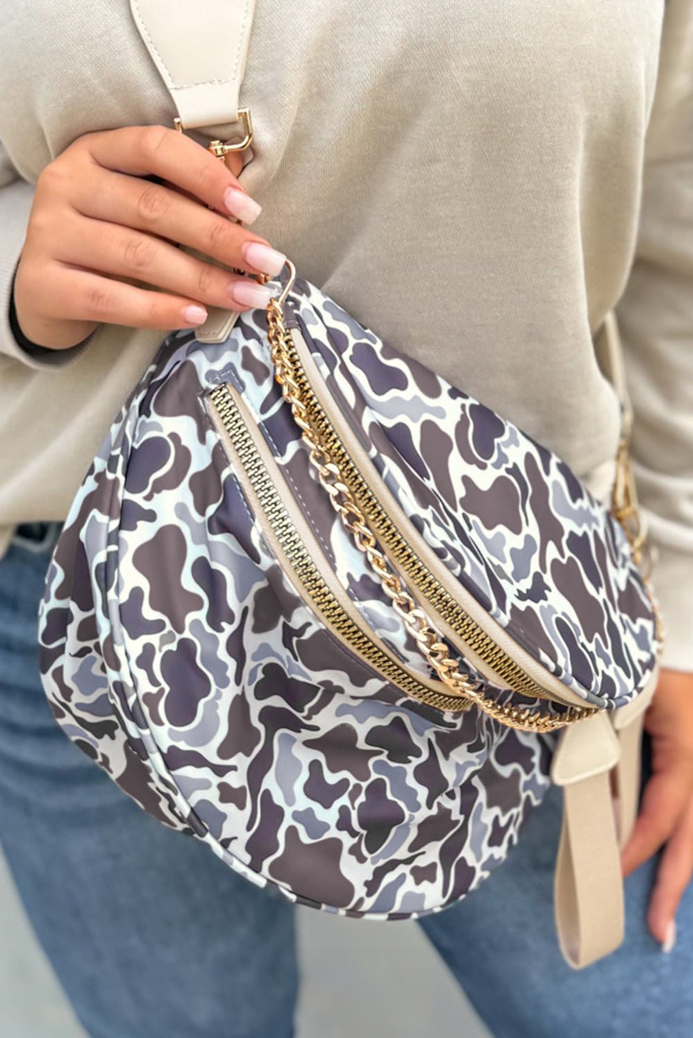 White Camouflage Print Gold Chain Strap Double Zipper Crossbody Bag - Crowned Energy CO.