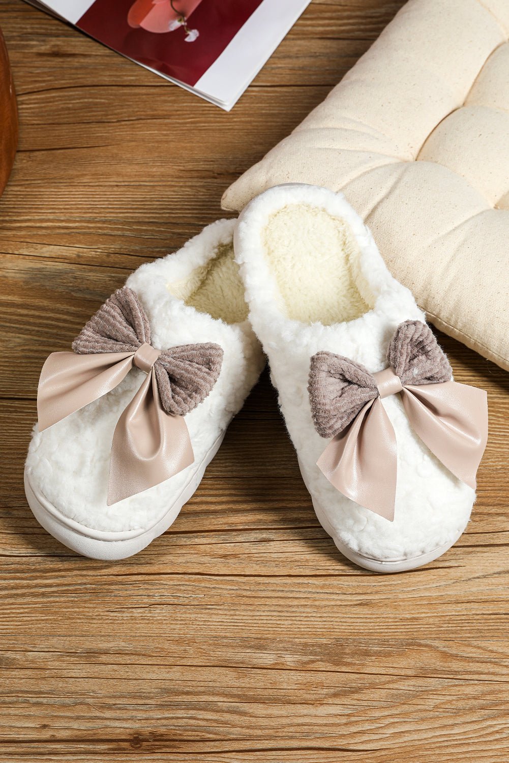 Crowned Energy CO. White / 37 Dear-Lover Dropshipping Shoes & Bags/Slippers White Contrast Bowknot Applique Plush Winter Slippers (Bow Colors May Differ by Batch)