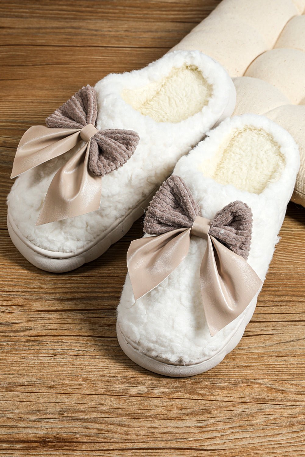 Crowned Energy CO. White / 37 Dear-Lover Dropshipping Shoes & Bags/Slippers White Contrast Bowknot Applique Plush Winter Slippers (Bow Colors May Differ by Batch)