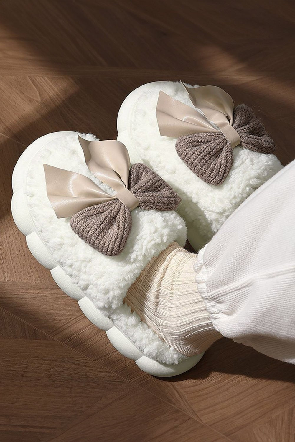 Crowned Energy CO. White / 37 Dear-Lover Dropshipping Shoes & Bags/Slippers White Contrast Bowknot Applique Plush Winter Slippers (Bow Colors May Differ by Batch)