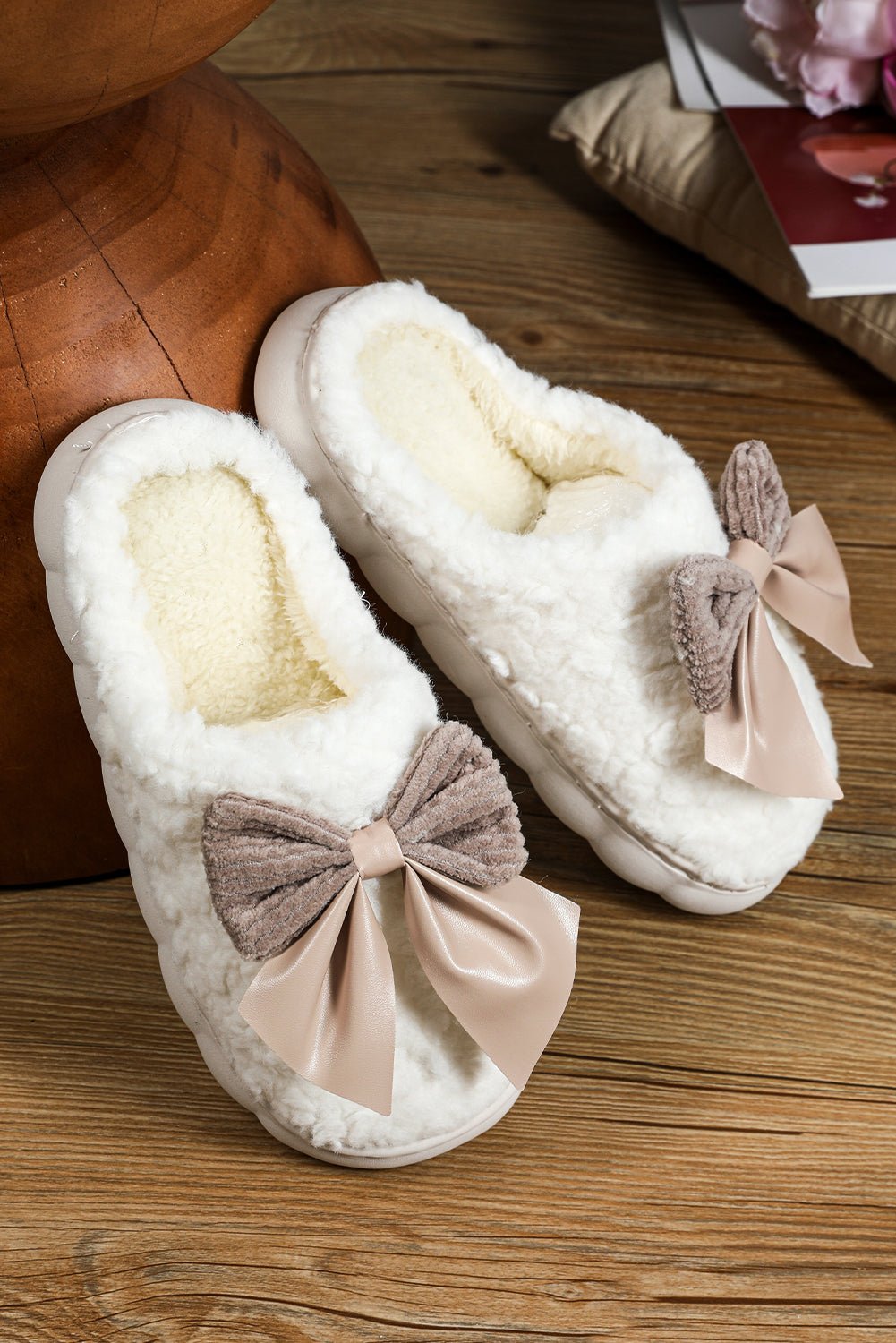 Crowned Energy CO. White / 37 Dear-Lover Dropshipping Shoes & Bags/Slippers White Contrast Bowknot Applique Plush Winter Slippers (Bow Colors May Differ by Batch)
