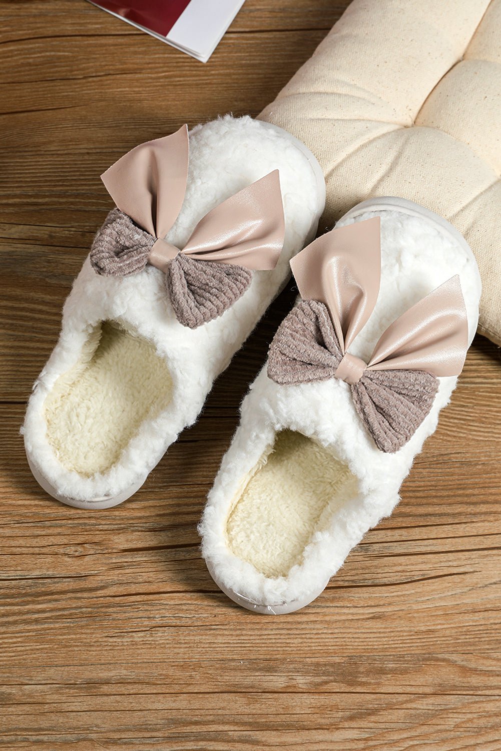 Crowned Energy CO. White / 37 Dear-Lover Dropshipping Shoes & Bags/Slippers White Contrast Bowknot Applique Plush Winter Slippers (Bow Colors May Differ by Batch)