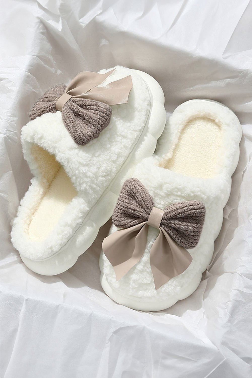 Crowned Energy CO. White / 37 Dear-Lover Dropshipping Shoes & Bags/Slippers White Contrast Bowknot Applique Plush Winter Slippers (Bow Colors May Differ by Batch)