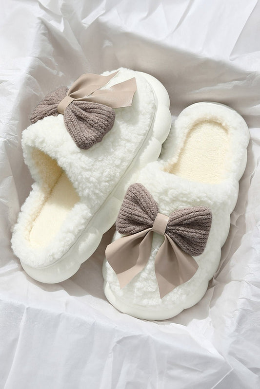Crowned Energy CO. White / 37 Dear-Lover Dropshipping Shoes & Bags/Slippers White Contrast Bowknot Applique Plush Winter Slippers (Bow Colors May Differ by Batch)