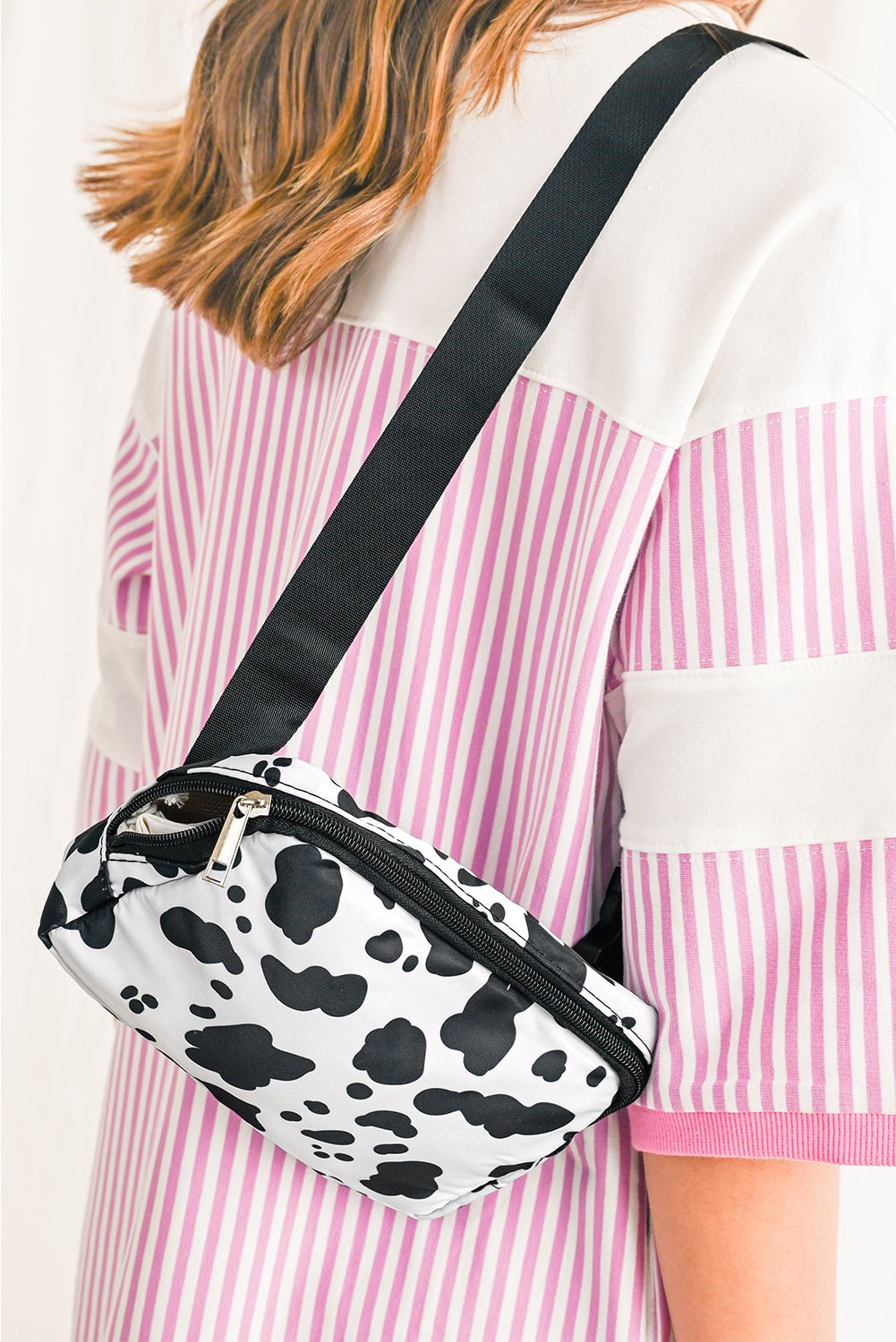 Crowned Energy CO. White / ONE SIZE / Nylon Dear-Lover Dropshipping Shoes & Bags/Crossbody Bags White Cow Pattern Print Buckle Wide Belt Inclined Shoulder Bag
