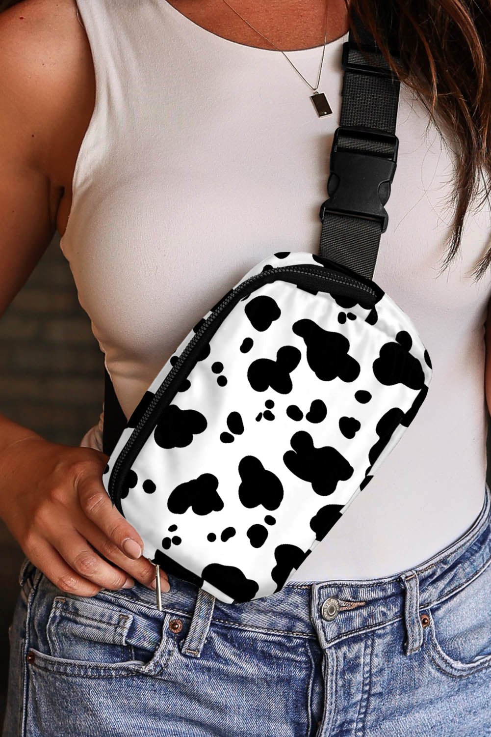 Crowned Energy CO. White / ONE SIZE / Nylon Dear-Lover Dropshipping Shoes & Bags/Crossbody Bags White Cow Pattern Print Buckle Wide Belt Inclined Shoulder Bag