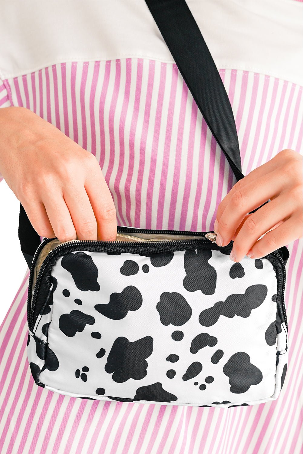 Crowned Energy CO. White / ONE SIZE / Nylon Dear-Lover Dropshipping Shoes & Bags/Crossbody Bags White Cow Pattern Print Buckle Wide Belt Inclined Shoulder Bag
