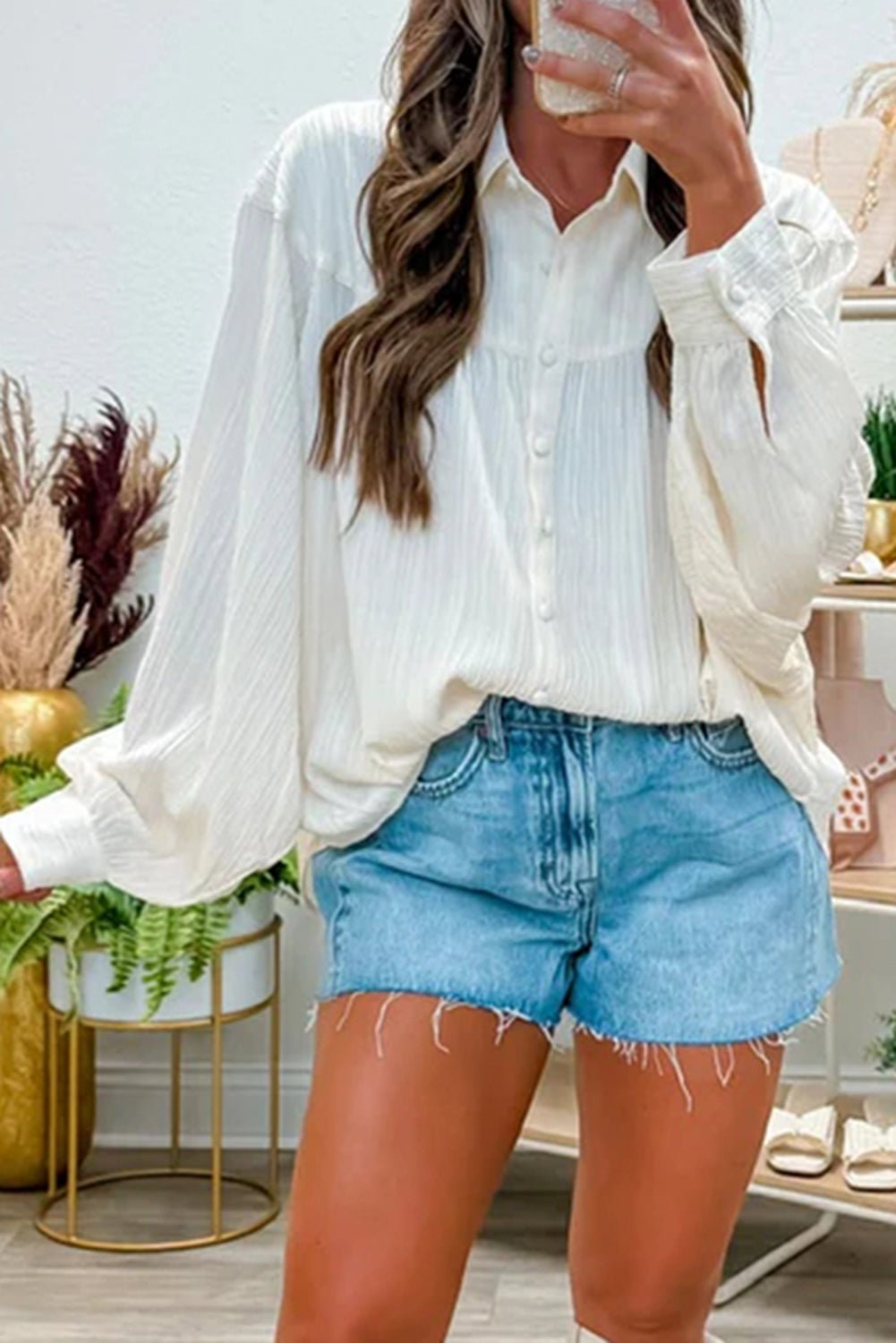 White Crinkled Texture Lantern Sleeve Button Down Loose Shirt - Crowned Energy CO.