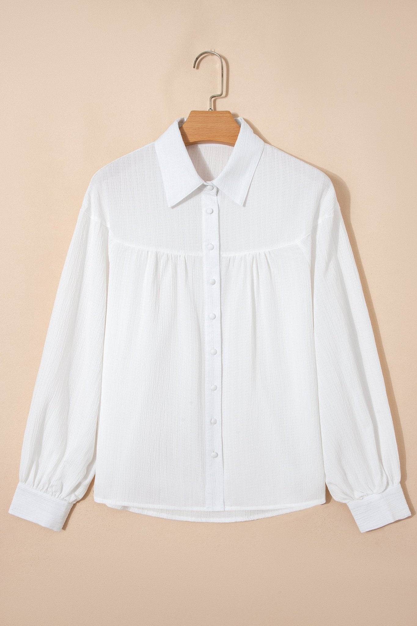White Crinkled Texture Lantern Sleeve Button Down Loose Shirt - Crowned Energy CO.