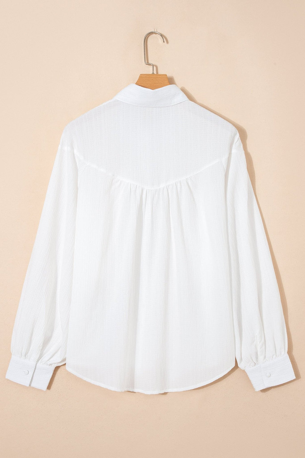 White Crinkled Texture Lantern Sleeve Button Down Loose Shirt - Crowned Energy CO.